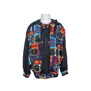 VTG Re Sport River Edge Jacket Womens Large Petite Black Colorful Windbreaker